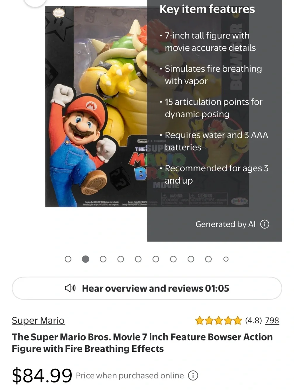 Rare Light up, fire breathing, moveable Bowser action figure toy
